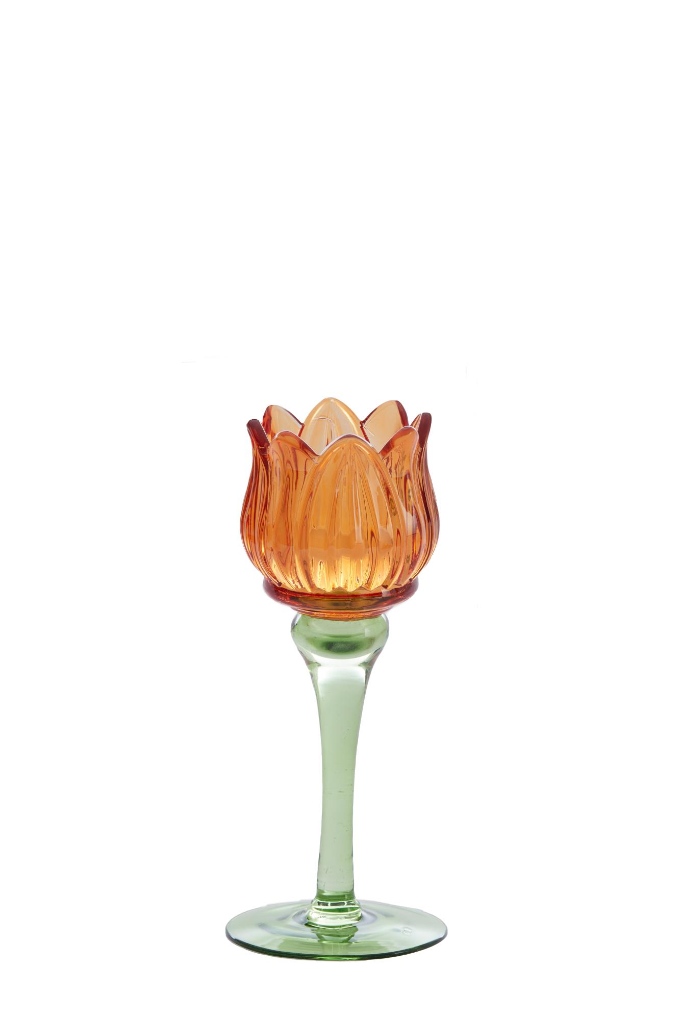 Flower Theelicht op voet Ø8x19 cm glas oranje+groen