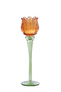 Flower Theelicht op voet Ø8x27 cm glas oranje+groen