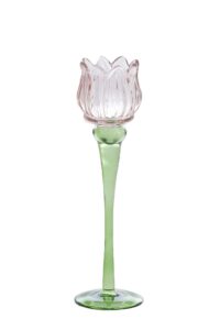 Flower Theelicht op voet Ø8x27 cm glas licht roze+groen