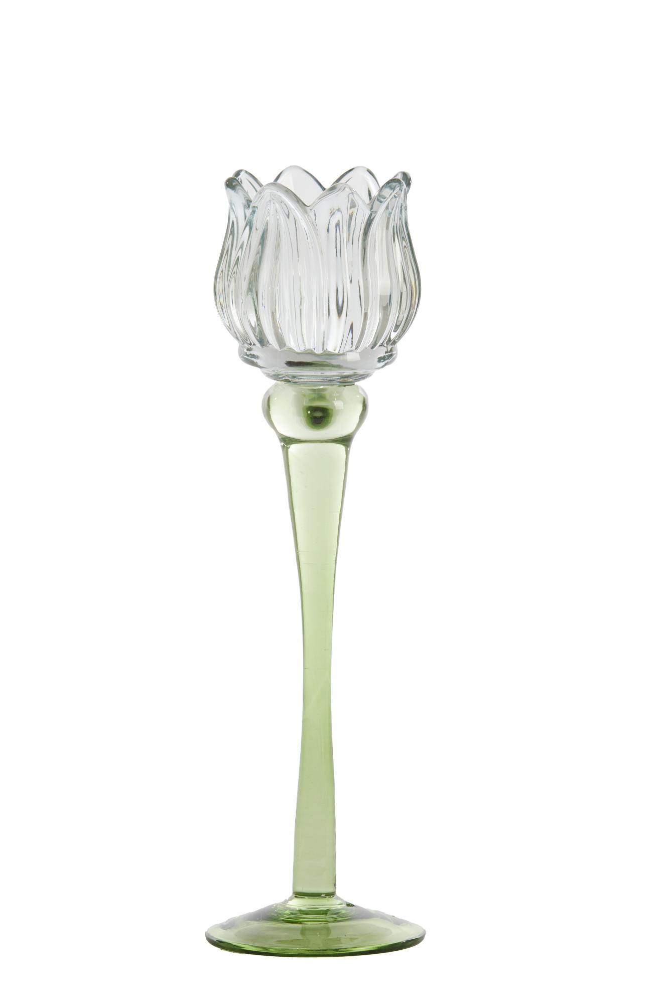 Flower Theelicht op voet Ø8x27 cm glas licht blauw+groen