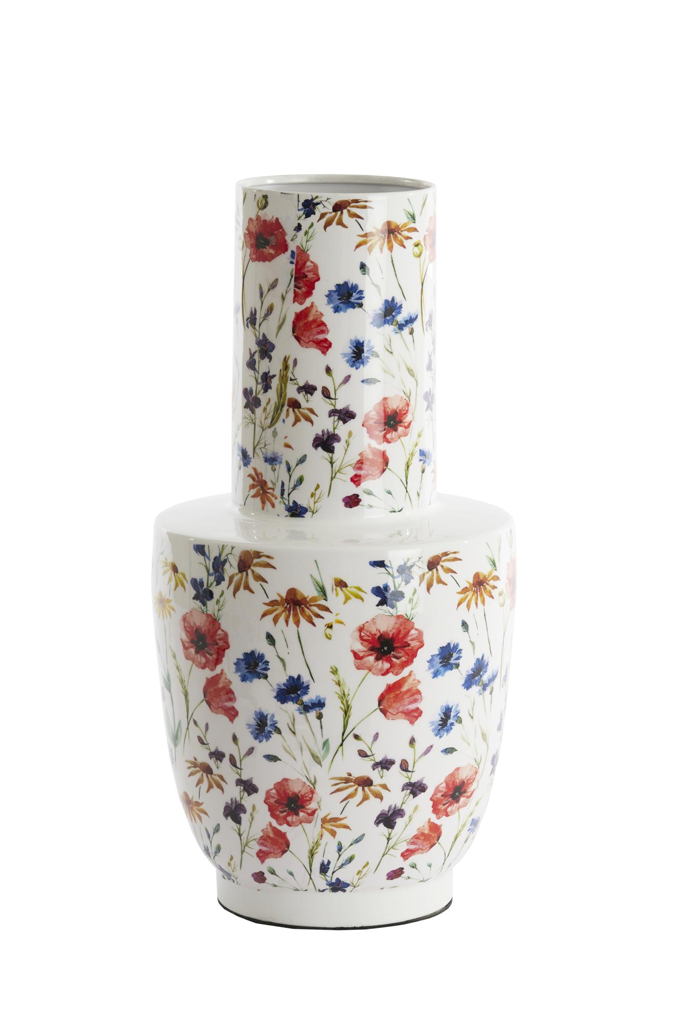 Yvoty Vaas deco Ø28x55 cm wit+bloemen print