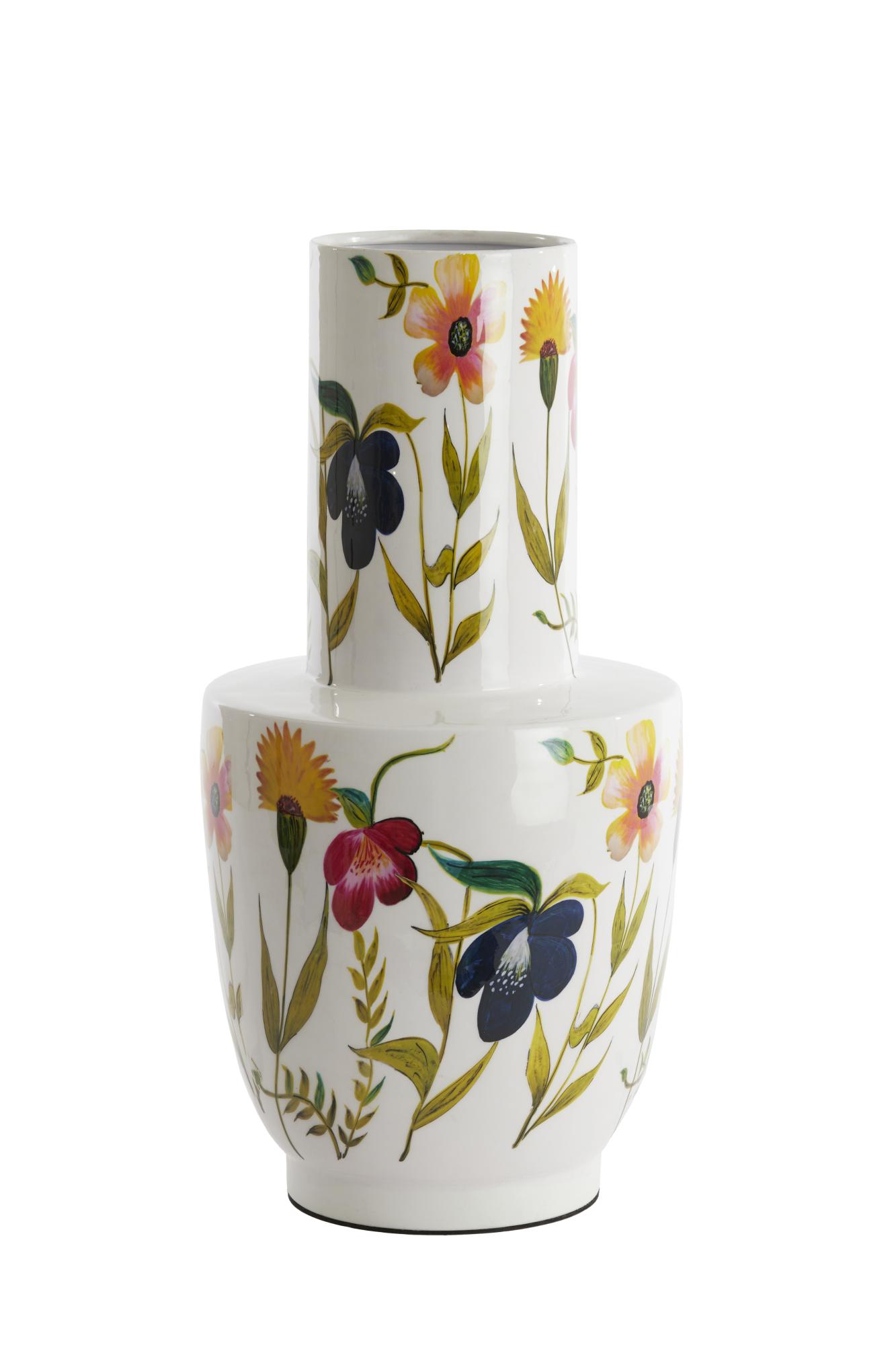 Yvota Vaas deco Ø28x55 cm wit+bloemen print