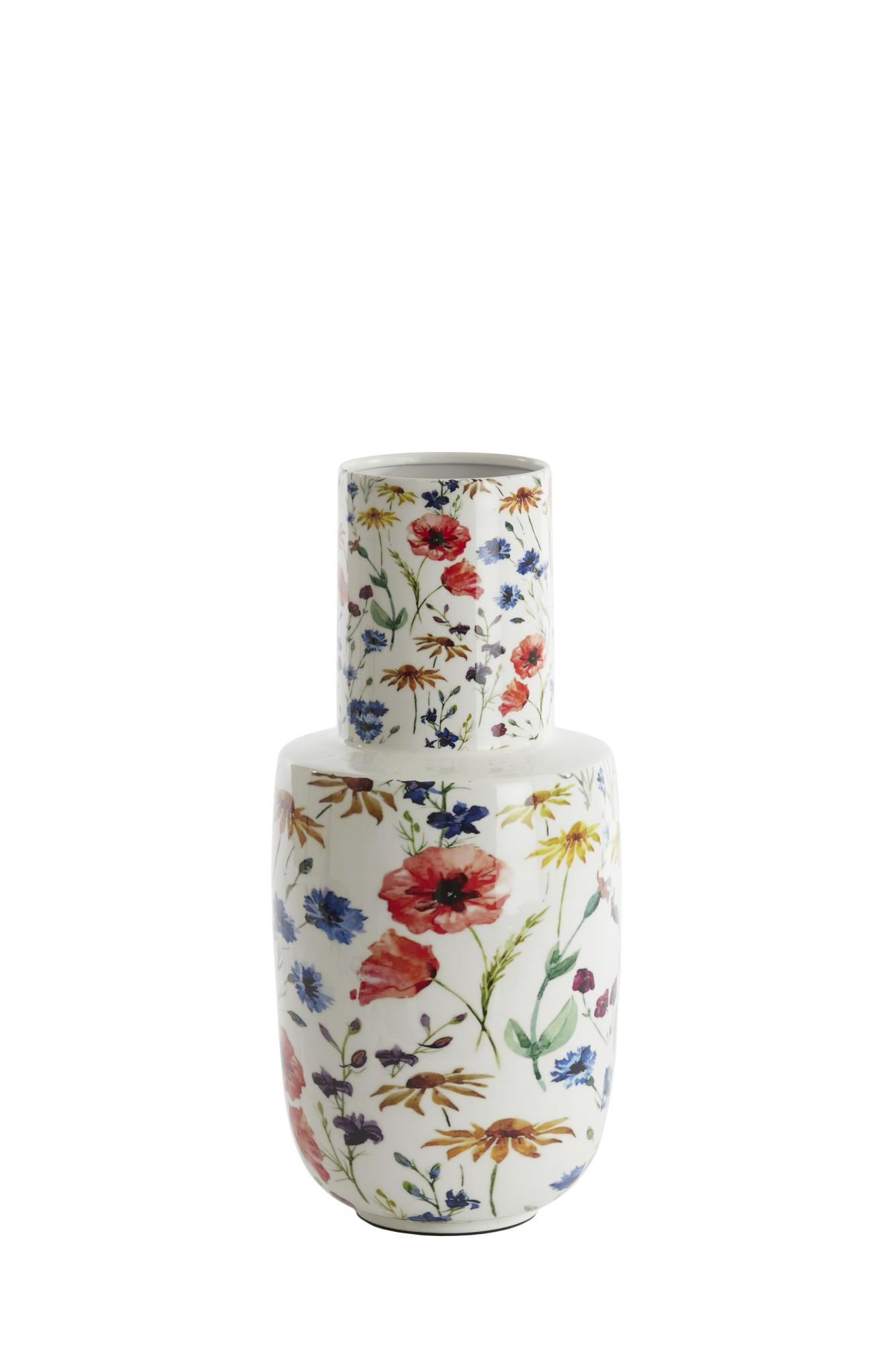 Yvoty Vaas deco Ø20x40 cm wit+bloemen print
